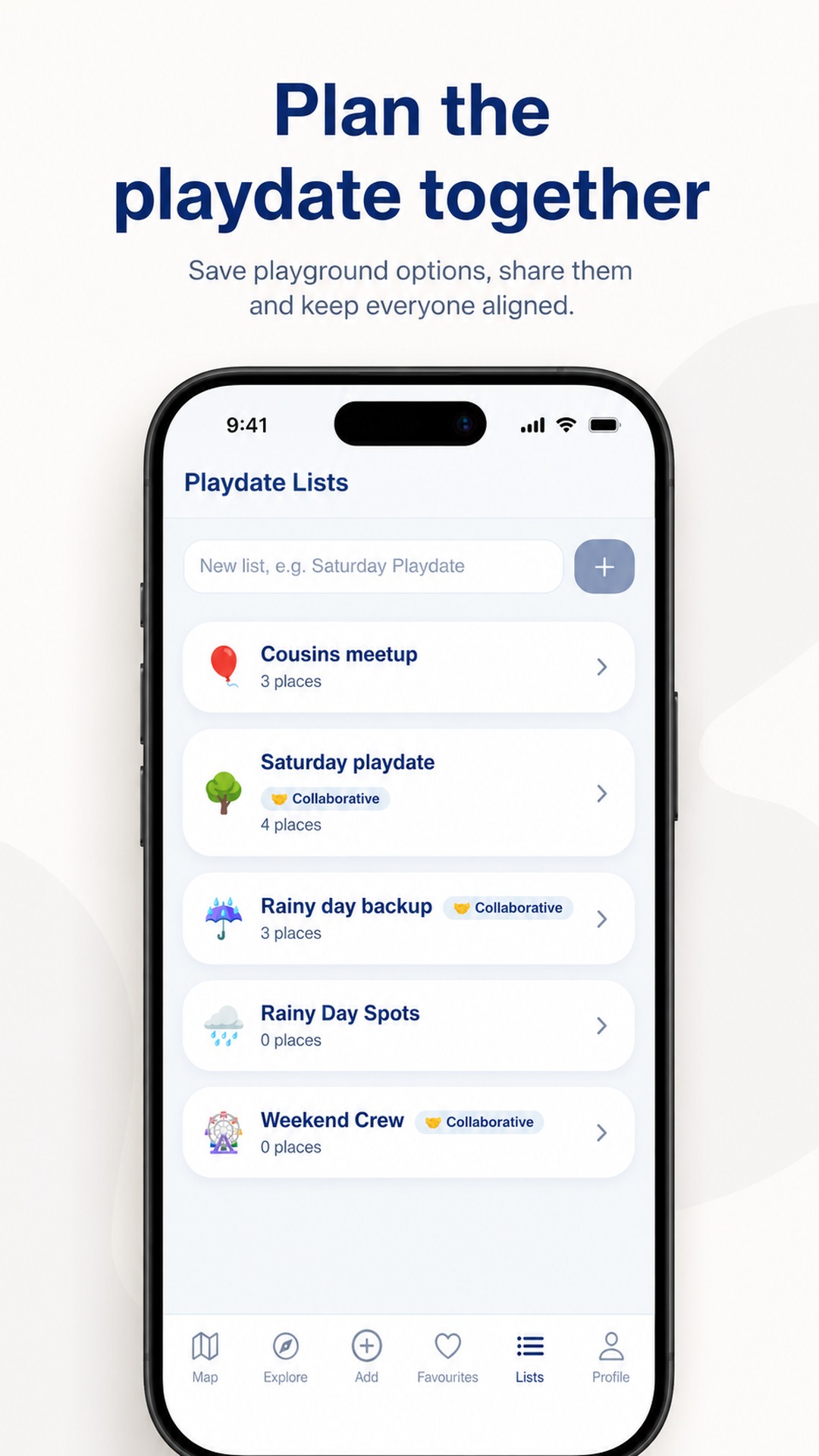 FreePlay screen to plan the playdate together with a shareable list