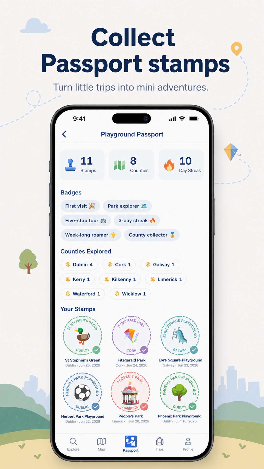 FreePlay Playground Passport with collected stamps, badges and counties explored
