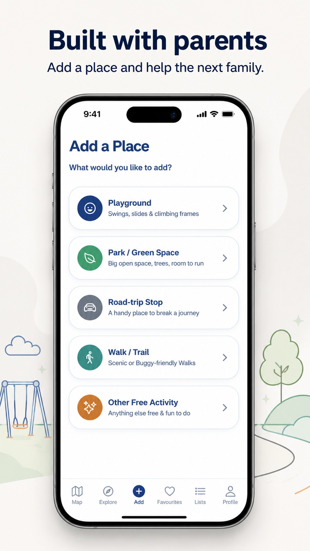 FreePlay Add a Place screen where parents contribute playgrounds, parks, walks and free activities
