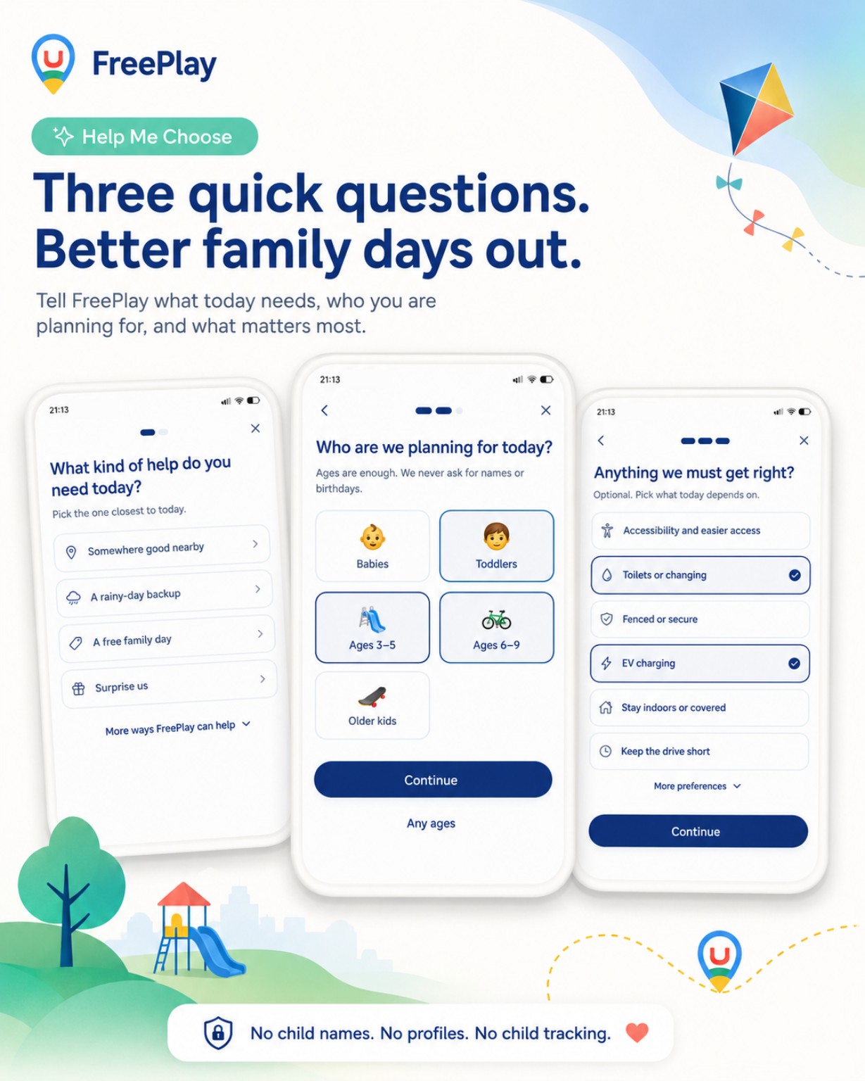 FreePlay Help Me Choose asks three quick family-planning questions.