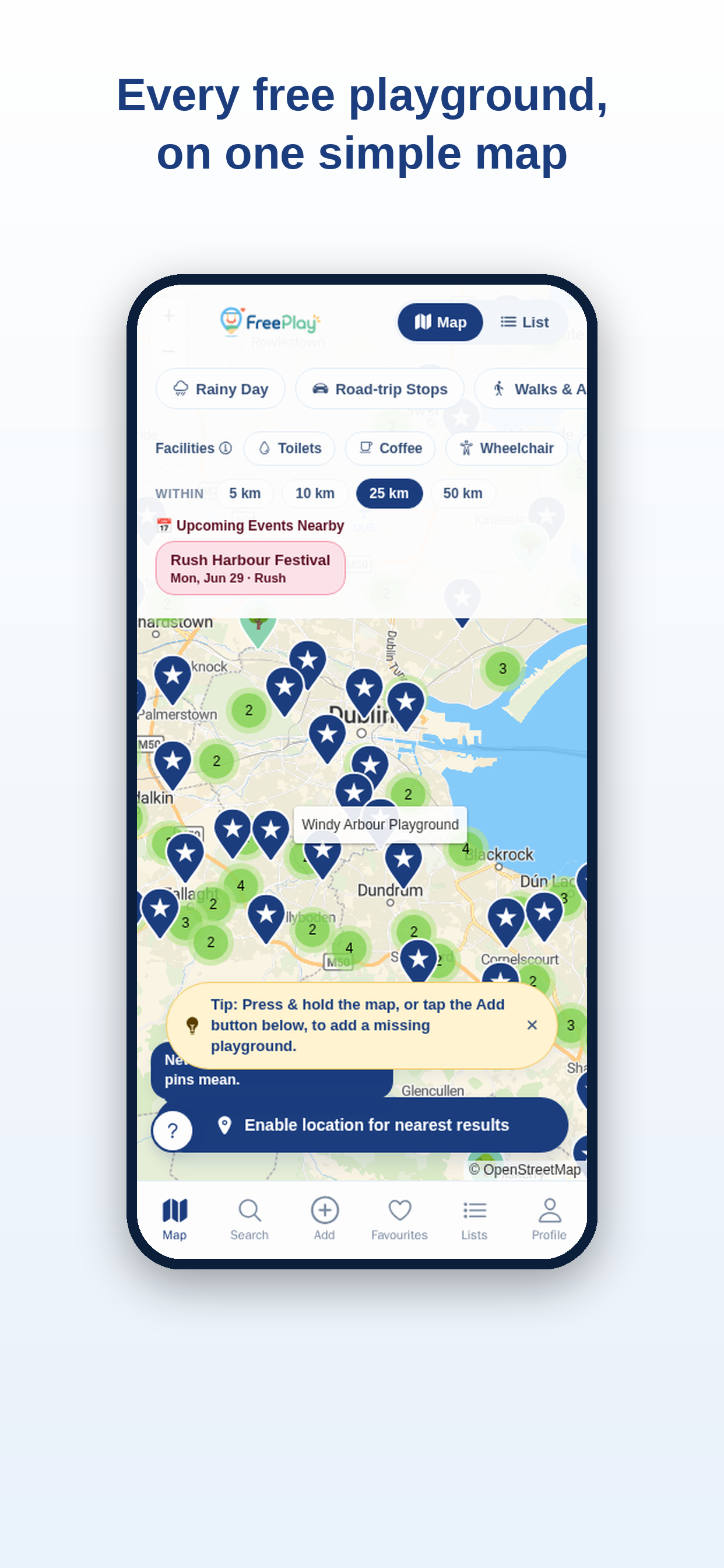FreePlay map showing playgrounds near you